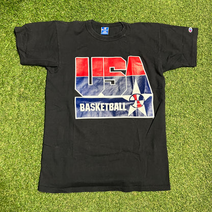 1990s Chsmpion USA Basketball Black Tee Size Large USED v16266