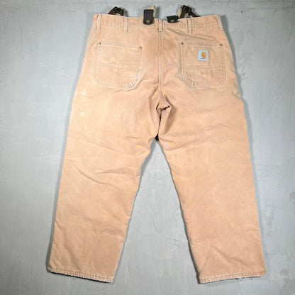 1990s Carhartt Beige Red Quilted Lined Workwear Pants w/ Suspenders Size 38 USED v20088