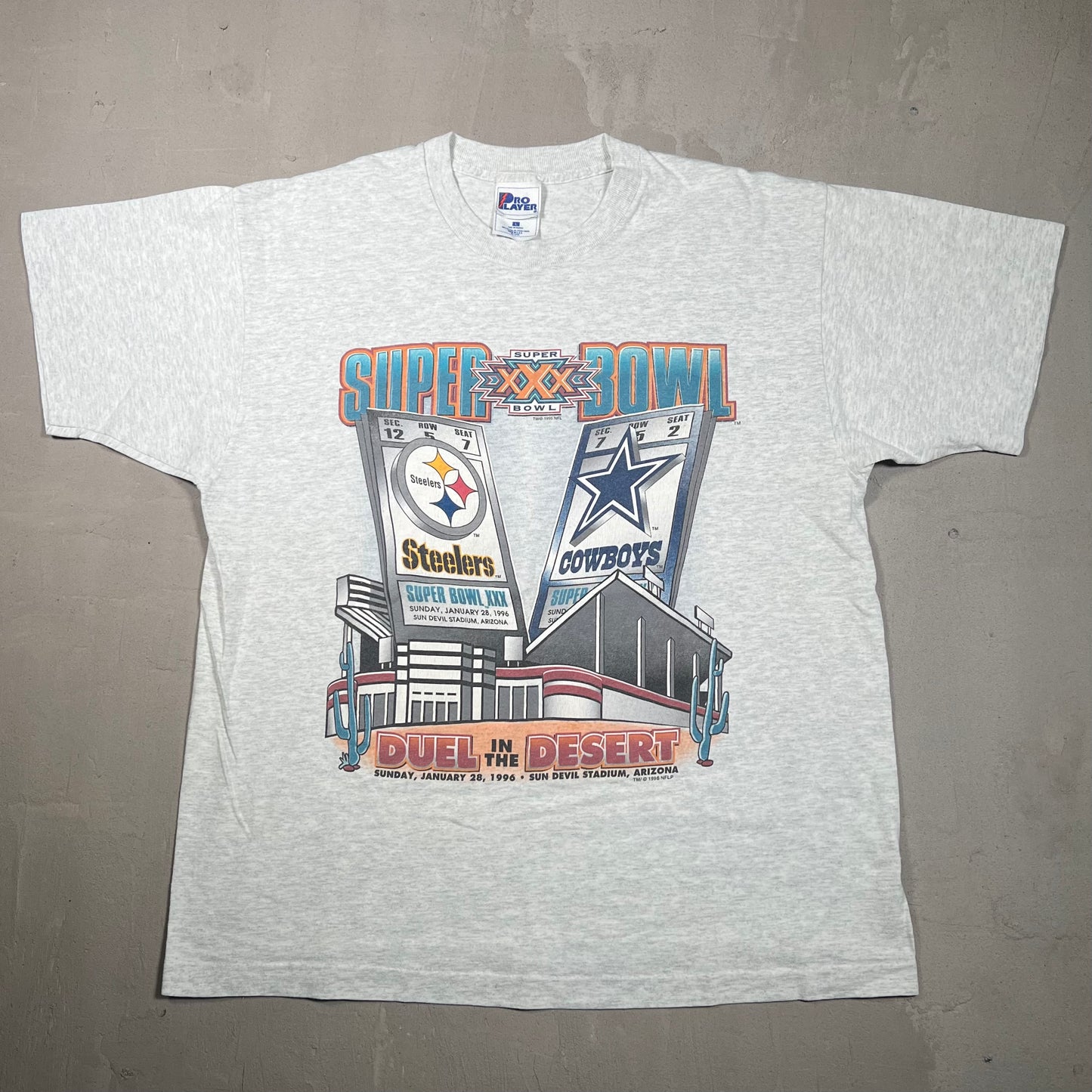 1996 Steelers Cowboys Super Bowl Grey Tee Size Large USED v18894