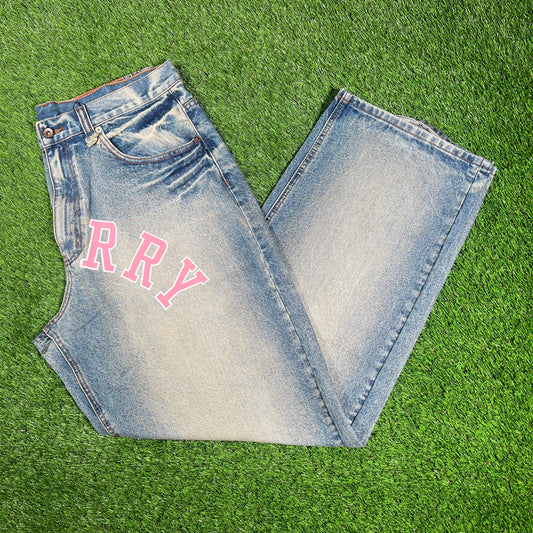 GV Gallery Rasperry Pink Spellout Acid Washed Jeans Size Medium NEW x14954