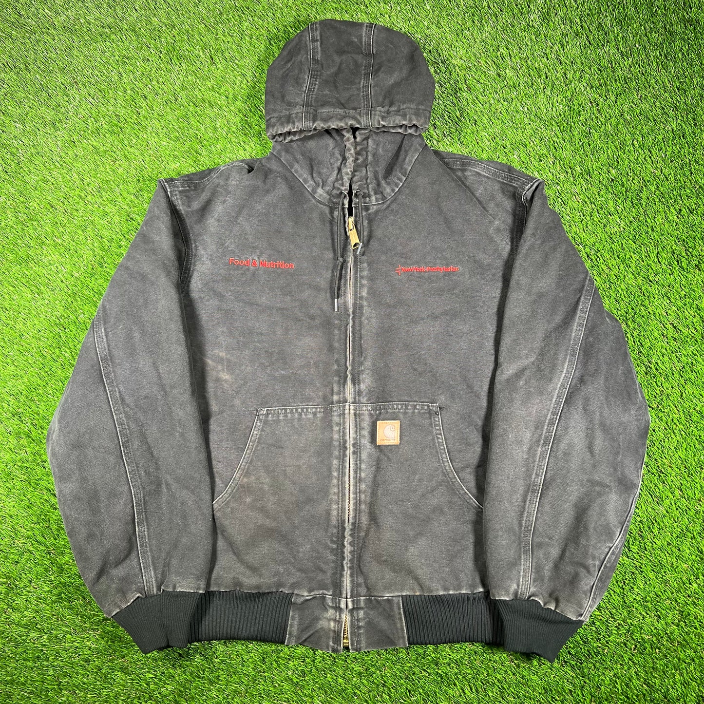 Y2K Carhartt Black Hooded Work Wear Jacket "NY Presbyterian" Size XL USED v17005