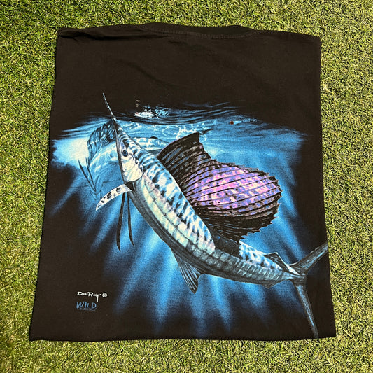 Y2K Blue Marlin "Wild" Tag Black Pocket Tee Size XL USED v16372
