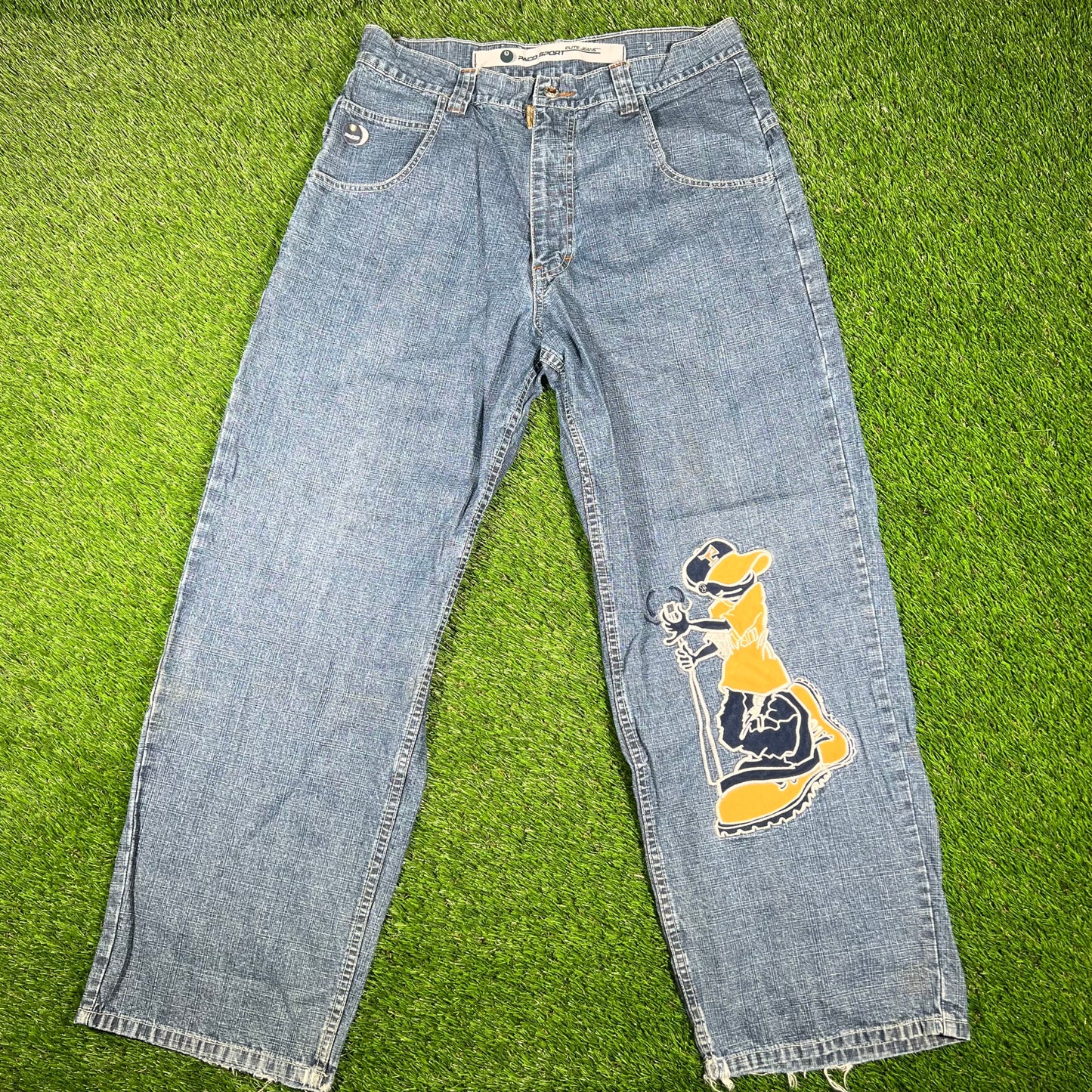 Y2K Paco Sports Embroidered Patched Blue Jean Size 34x30 USED v17020