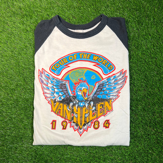 1984 Van Halen Tour of The World Eagle White/Black Ringer Large USED v18676