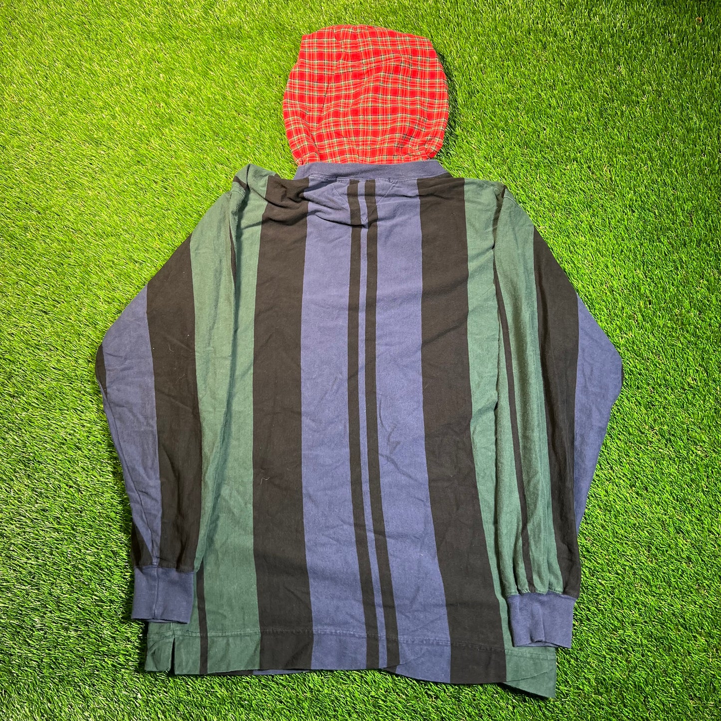 1990s Tommy Hilfiger Blue/Green Stripped Plaid Hood Longsleeve Size XL USED v18883
