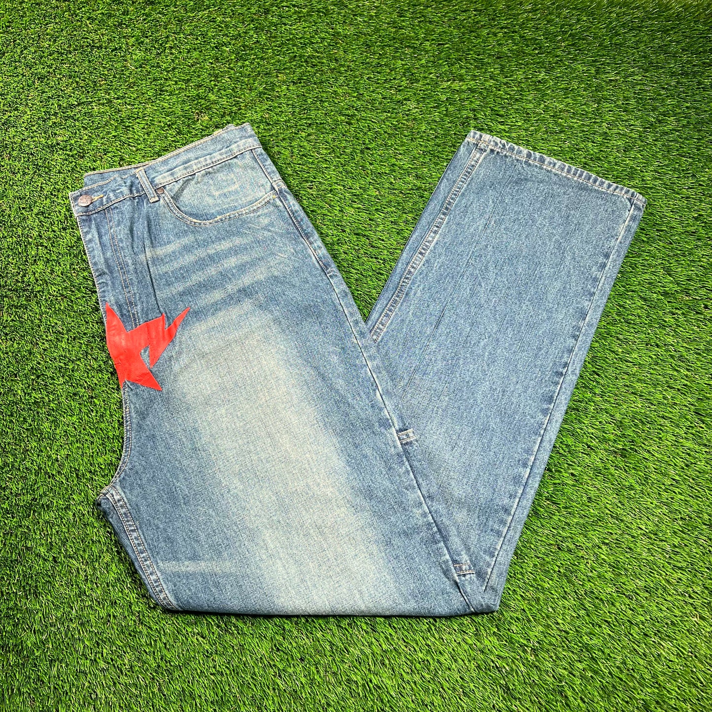 Y2K Bape Red Star Print Blue Jeans Size XL USED x16280