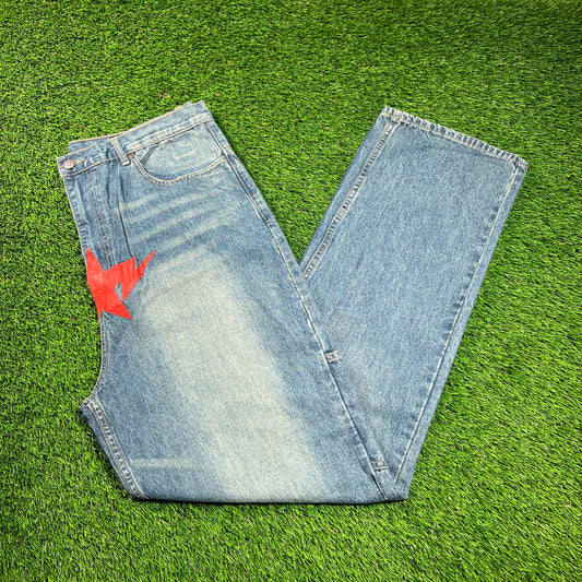 Y2K Bape Red Star Print Blue Jeans Size XL USED x16280