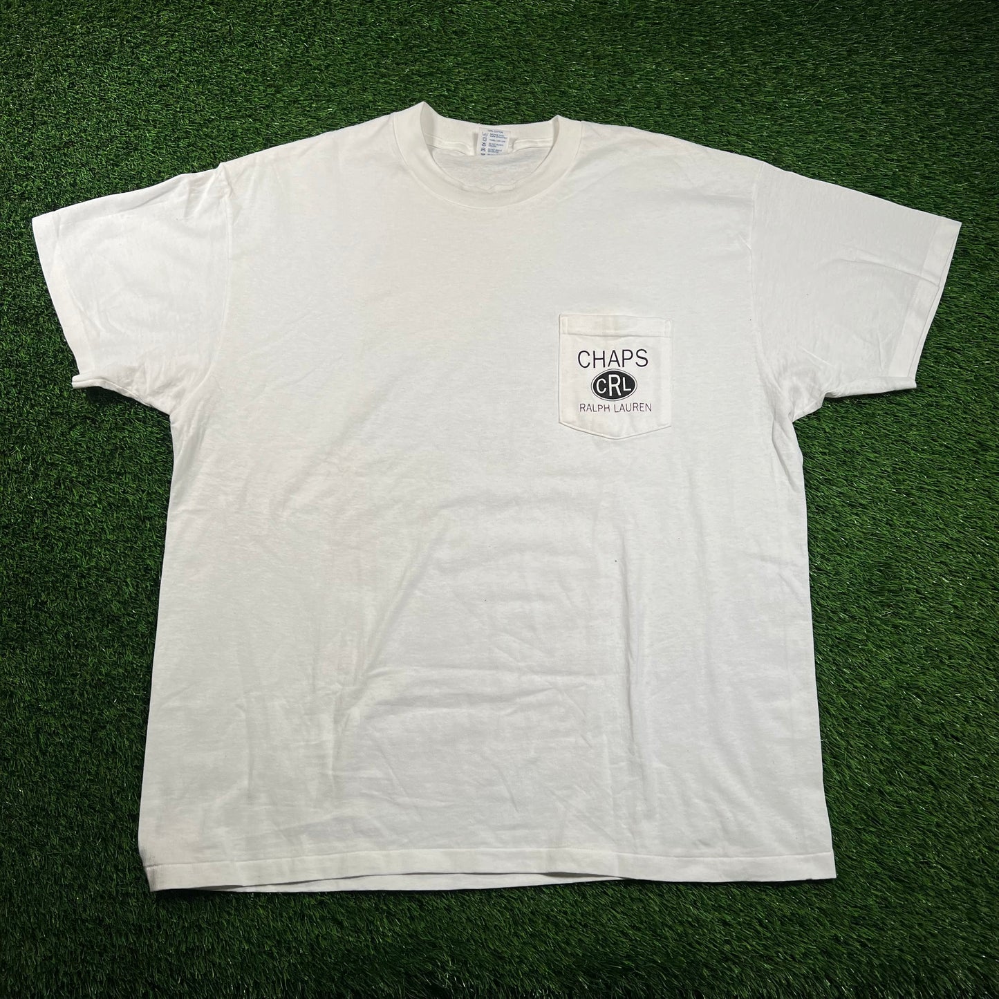 1990s Palph Lauren Chaps CRL White Pocket Tee Size XL USED v18383