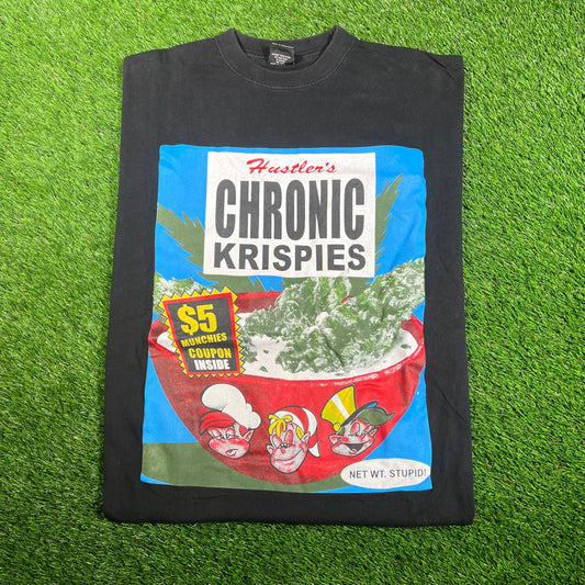 Y2K Hustlers Chronic Krispies Cannabis Black Tee Size XXL USED v17811