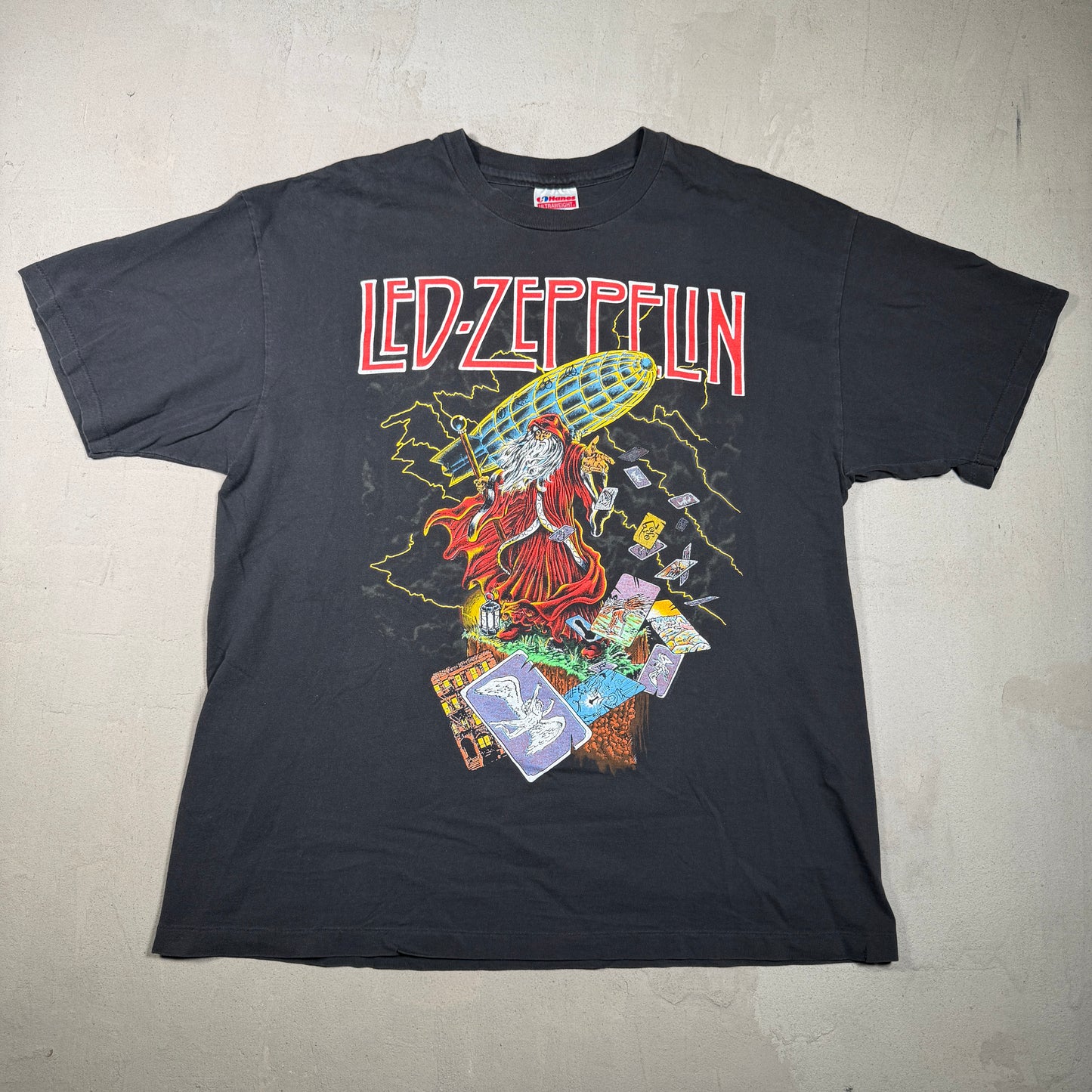 1988 Led Zeppelin Wizard Zoso Blimp Black Tee Size XL USED v15388