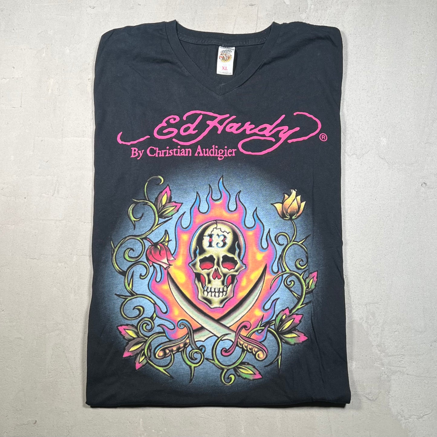 Ed Hardy Skull Flame Black Tee Size XL USED v19155