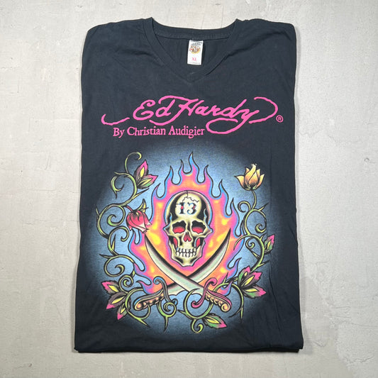 Ed Hardy Skull Flame Black Tee Size XL USED v19155
