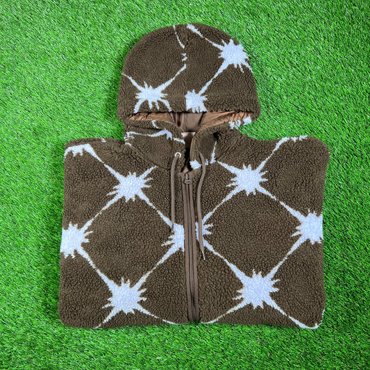 Billionaire Girls Club Brown AOP Deep Pile Fleece Hooded Jacket Size XL USED x15298