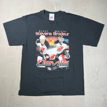 Y2K NJ Devils Martin Brodeur Scott Stevens Black Tee Size Large USED v20357