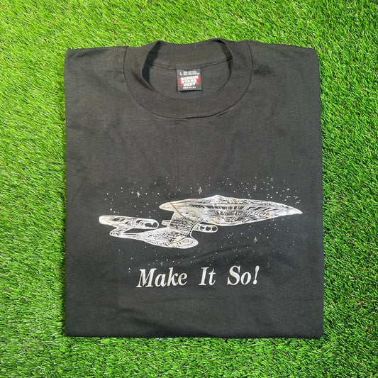 1990s Star Trek "Make it So!" Black Tee Size Large USED v18841