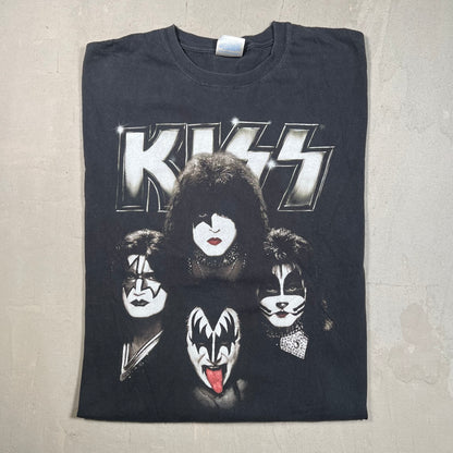 Y2K Kiss 4 Faces Flaming Guitar Black Tee Size XXL USED v19358
