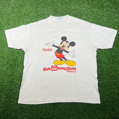 1980s Micky Mouse Walt Disney World White Tee Size Large USED v17696