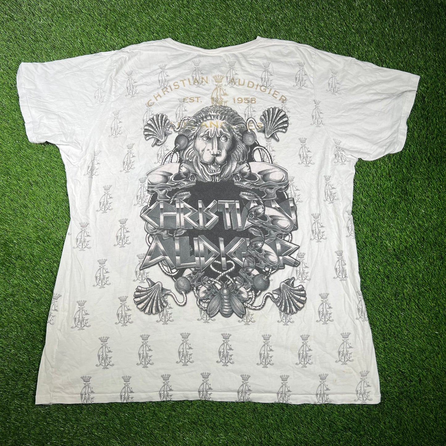 Y2K Christian Audigier Golden Lion White Tee Size 4XL USED v17433