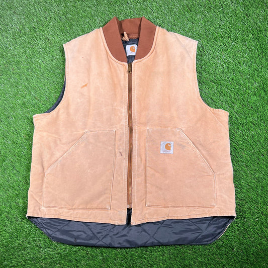 1990s Carhartt Union Made Khaki Down Vest Size XL USED v17599