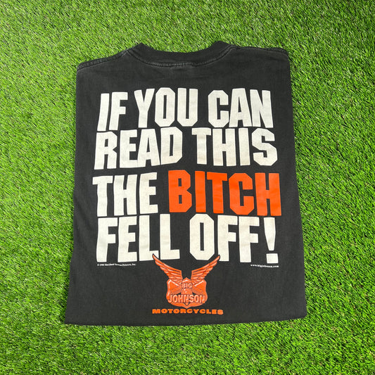 1998 Big Johnson Motorcycle She Fell Off Black Tee Size XXL USED v16752
