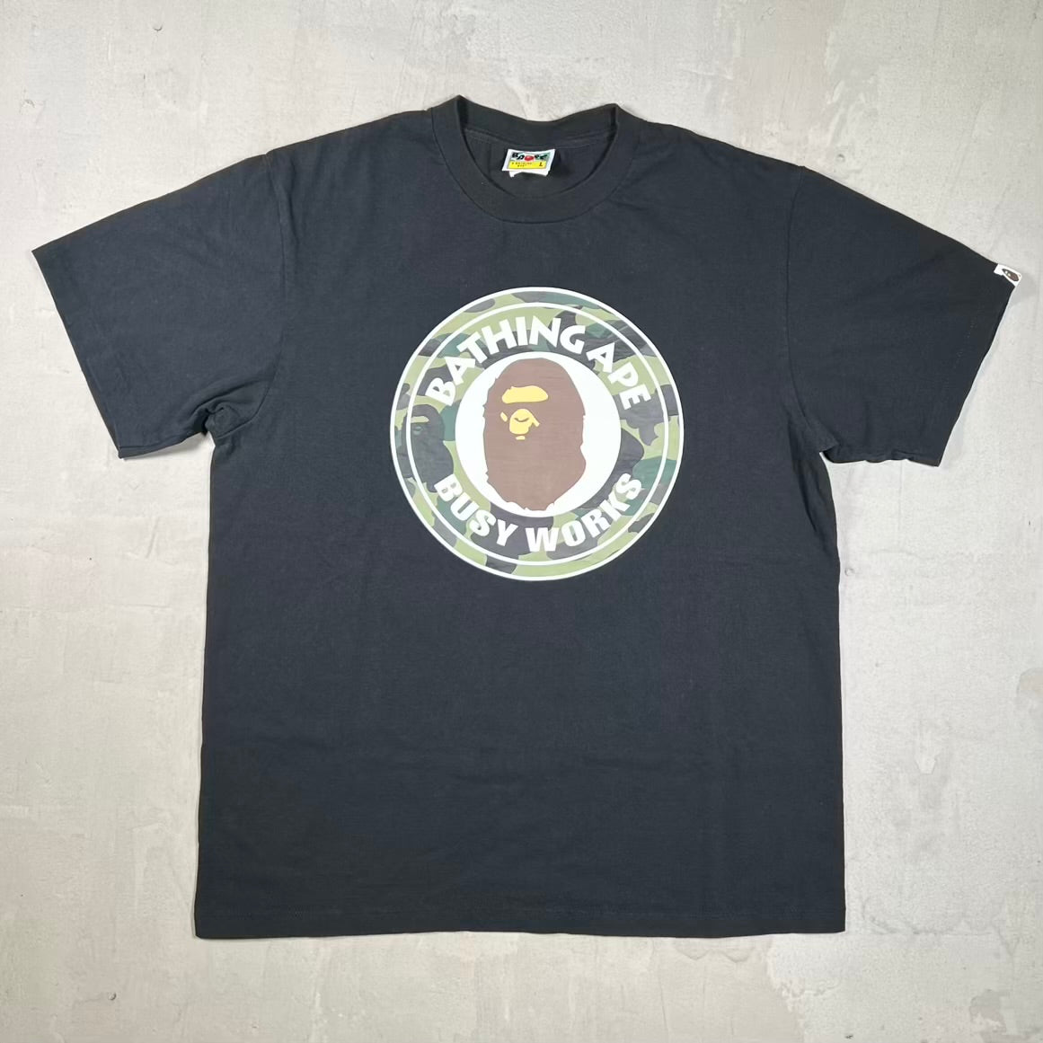 Bape Busy Work Camo Logo Black Tee Size Large USED x18935