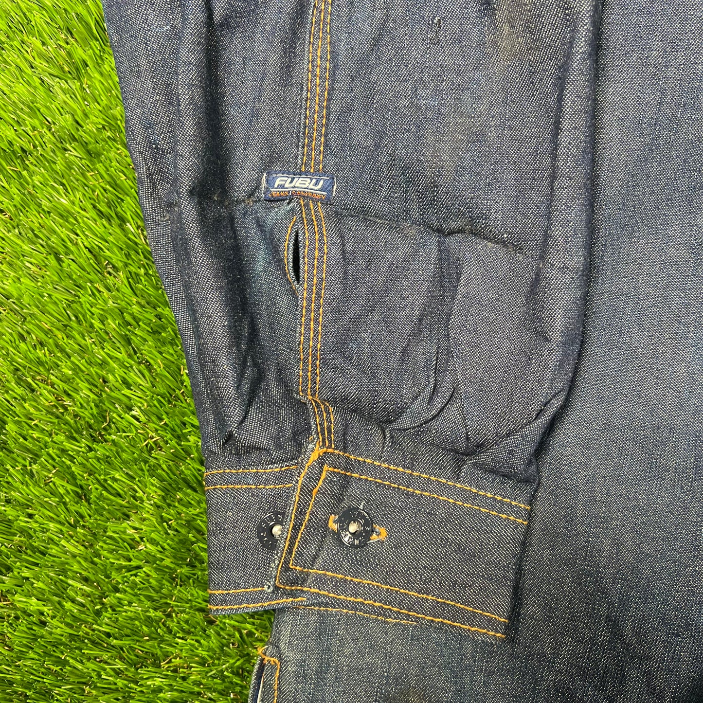 Y2K Fubu Blue Selvedge Denim Shirt Size XXL USED v17895
