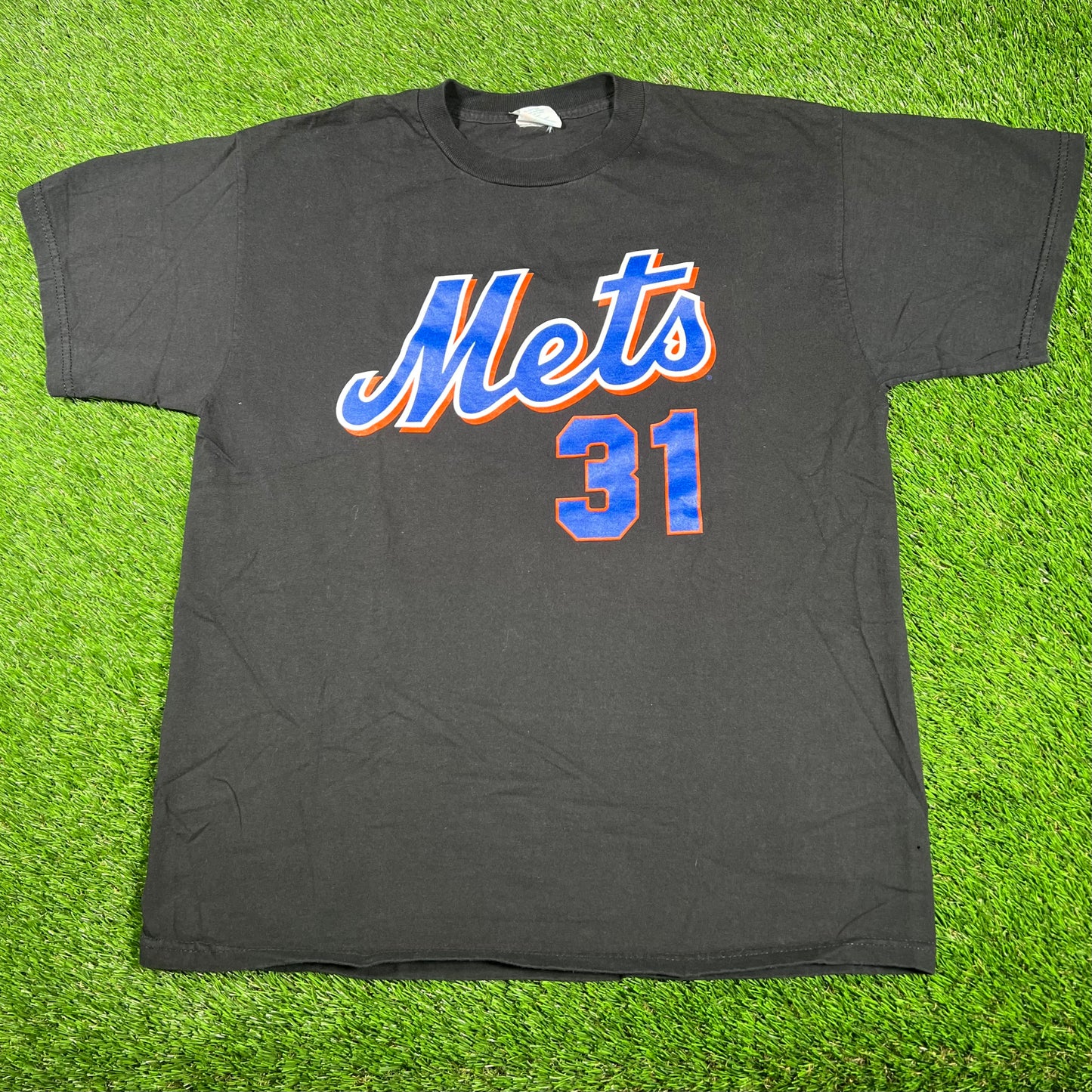 1990s Mets 31 Piazza Black Tee Size Large USED v17313