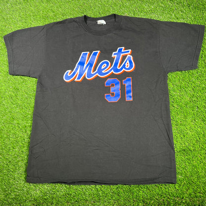 1990s Mets 31 Piazza Black Tee Size Large USED v17313