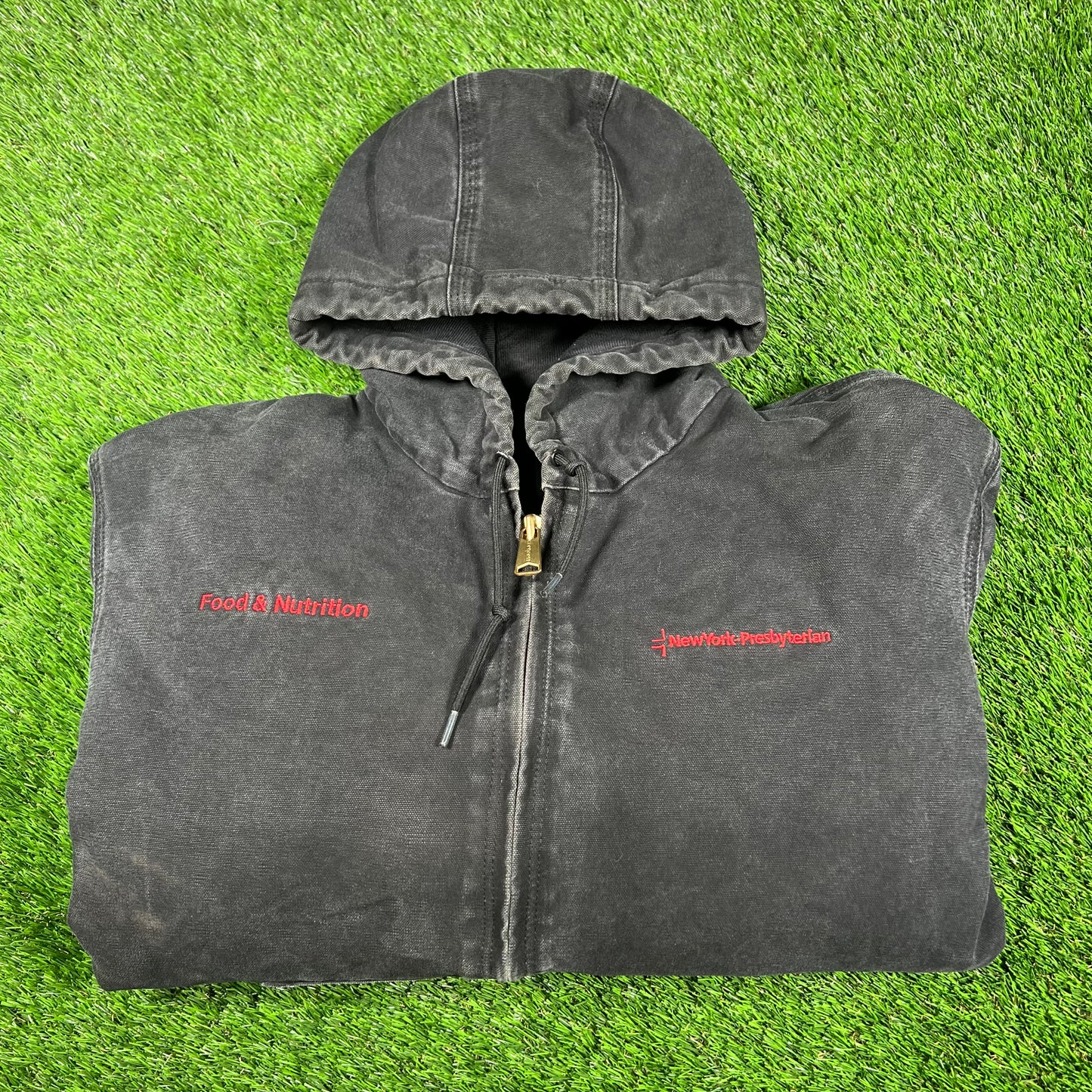Y2K Carhartt Black Hooded Work Wear Jacket "NY Presbyterian" Size XL USED v17005