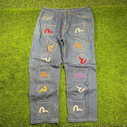 Y2K Evisu 25 Pocket Blue Jeans Size 38 USED x16279