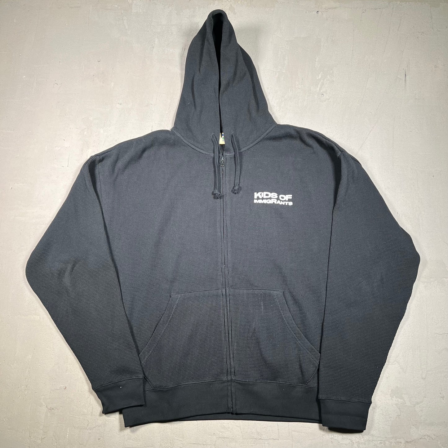 Kids of Immigrants Black Waffle Thermal Hoodie Size Large USED x17549