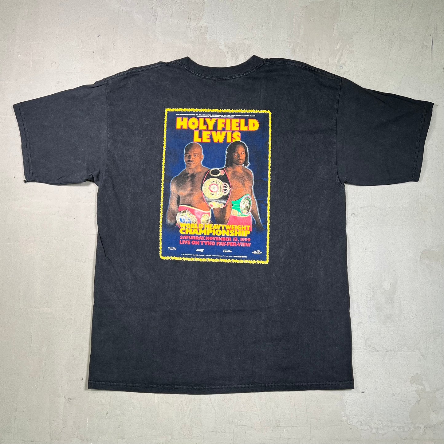 1999 Evander HolyField vs Lennox Lewis Black Tee Size XL USED v19530