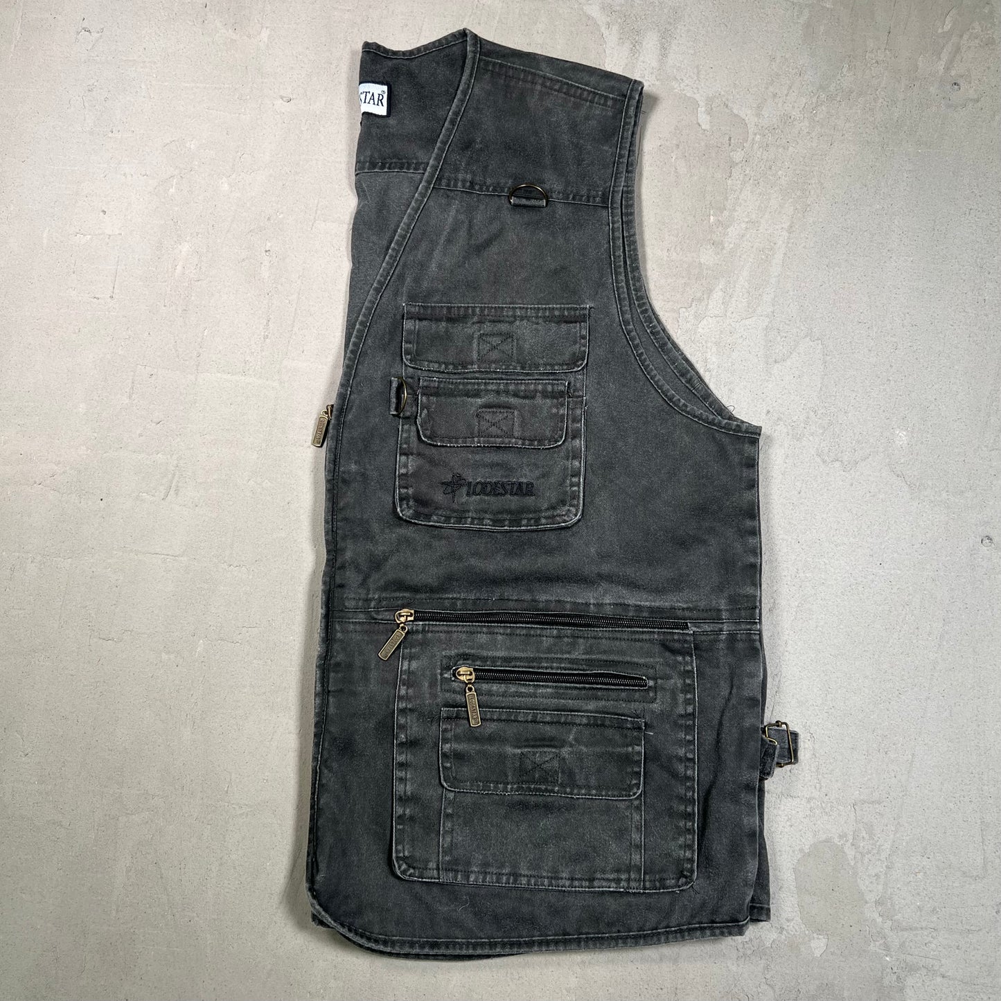 1990s LodeStar Washed Black Fishing Vest Size 4XL USED v19415