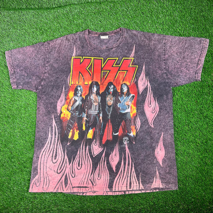 1996 KISS Flames AOP Band Tee Size XL USED v17586
