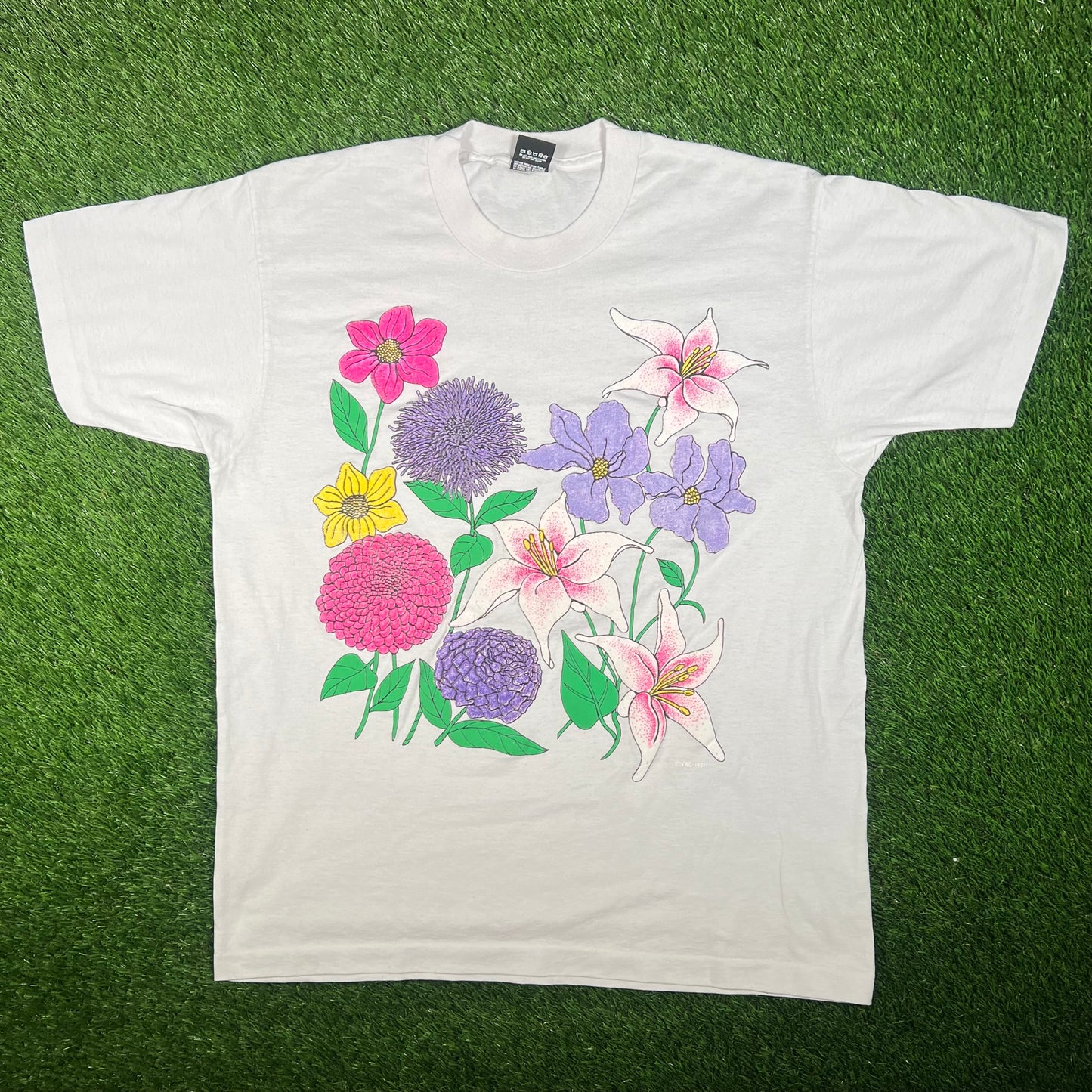 1991 Flower Puff Print White Tee Size XL USED v17603