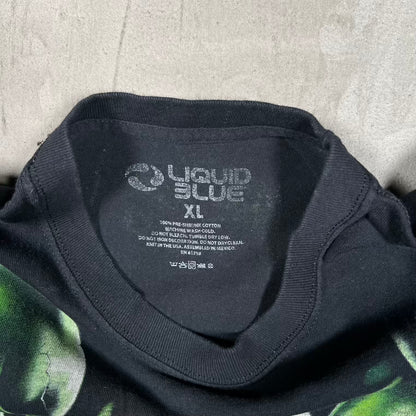 Liquid Blue Green Skulls AOP Black Tee Size XL USED v20375