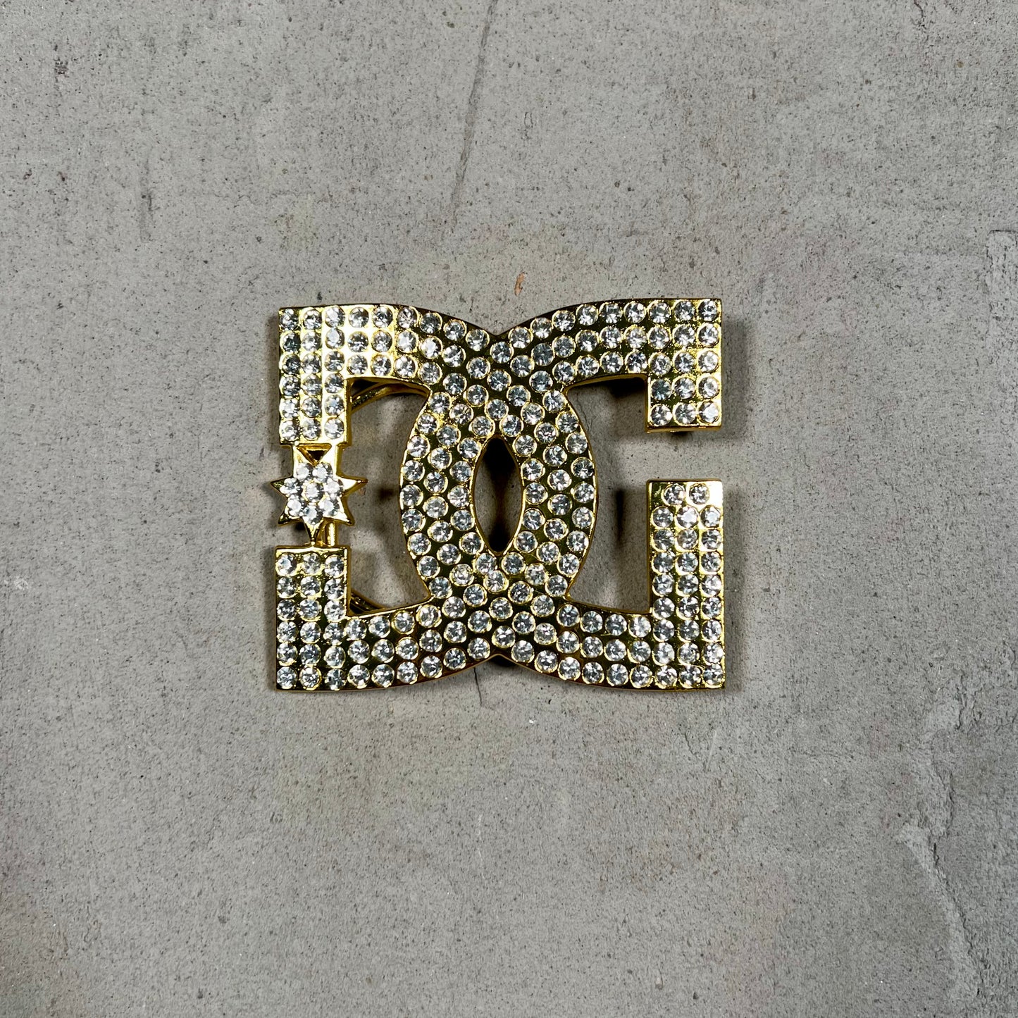 Y2K DC Iced Out Gold Logo Belt Buckle