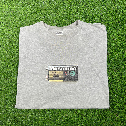 1990s Moschino Jeans Love & Peace Grey Tee Size XXL USED V17467