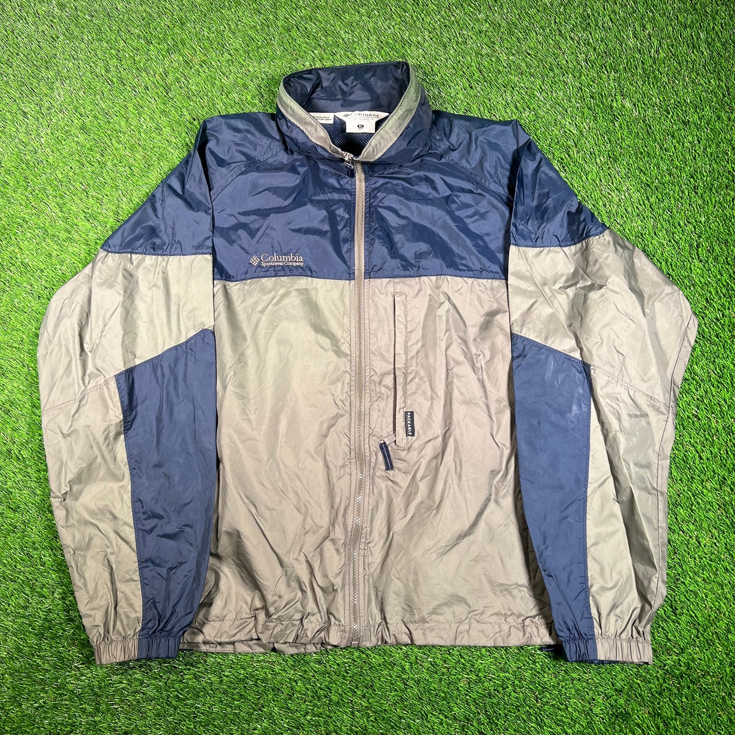 Y2K Columbia "Packable" Green/Navy Full Zip Windbreaker SIze XL USED v17846