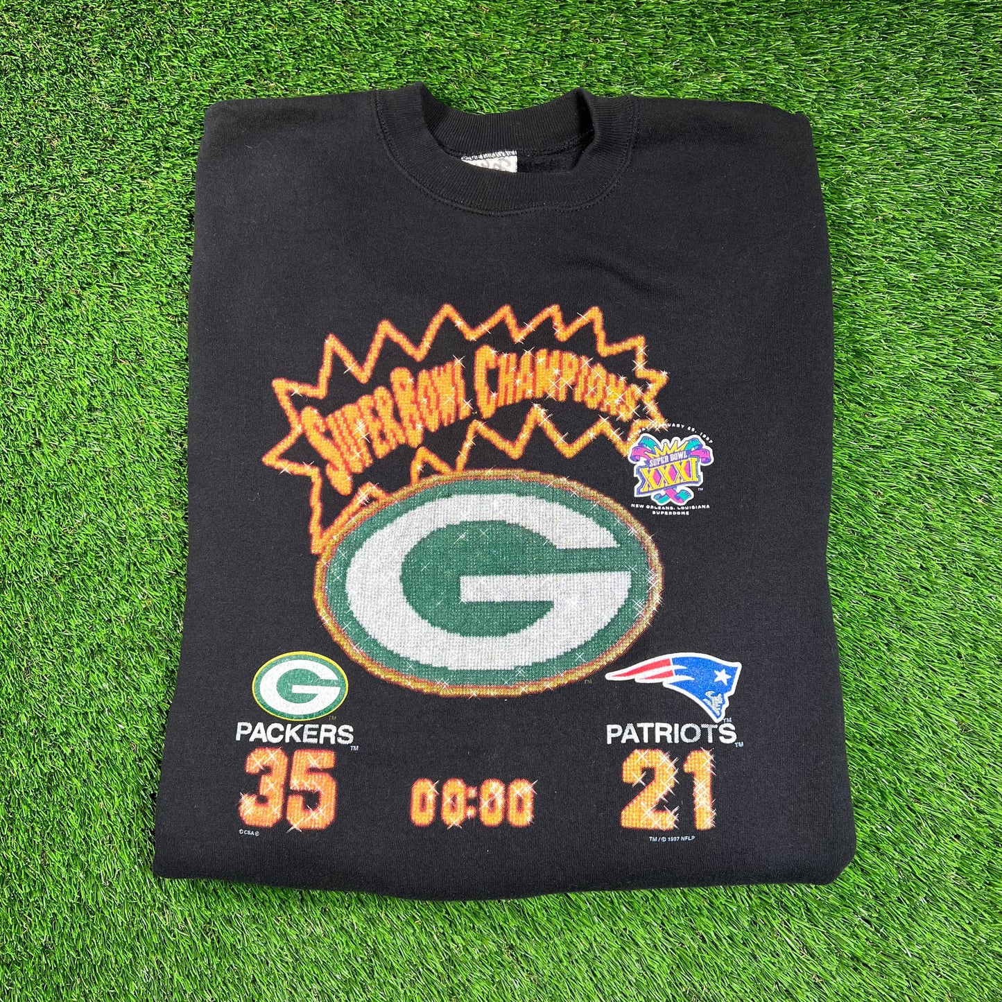 1997 Super Bowl Champs Packers vs Patriots Black Crewneck Size XXL USED v18333