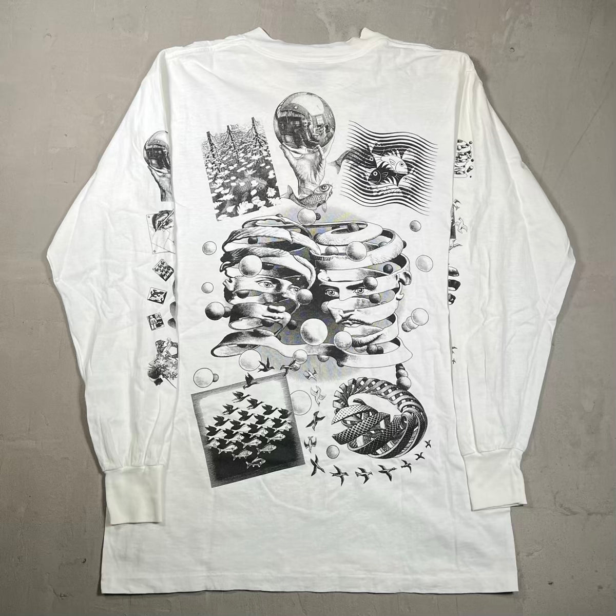 1991 MC Escher AOP Art White Longsleeve Size XL USED v20228