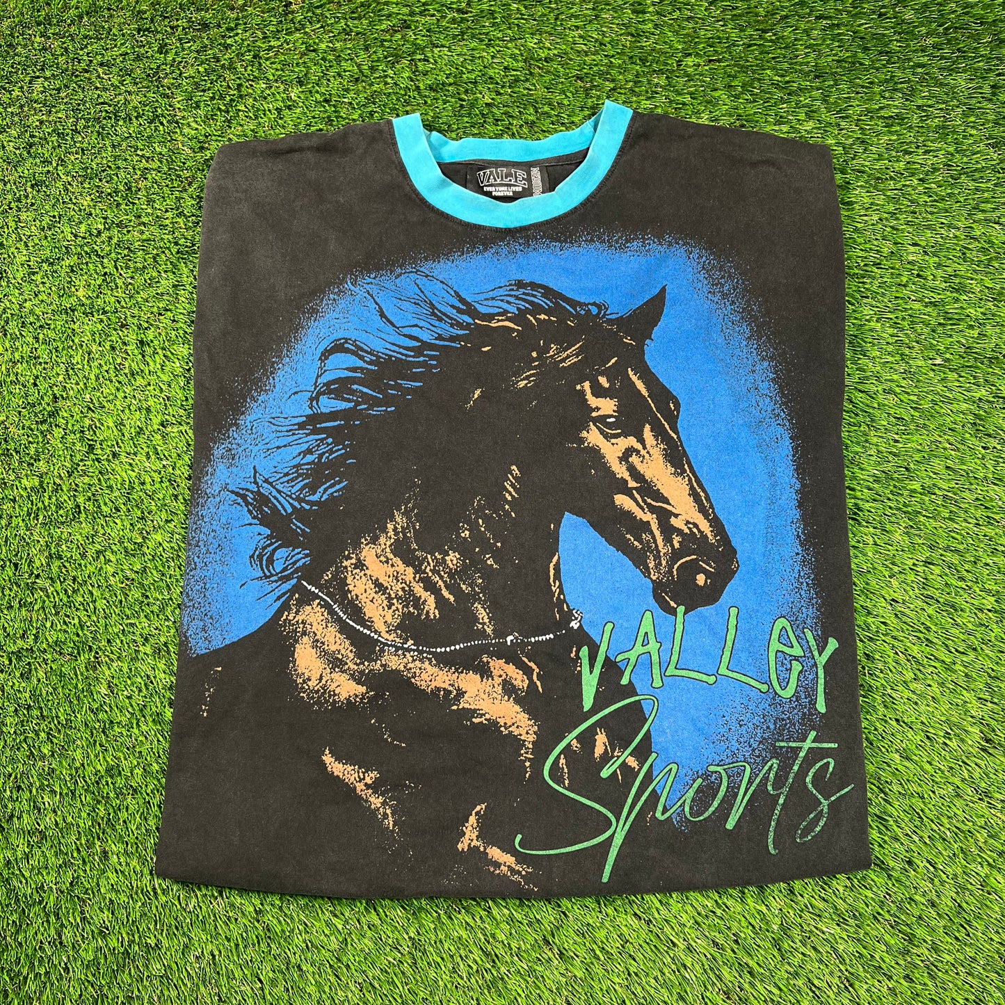 Vale Horse Blue Longsleeve Black Tee Size Medium USED x16300