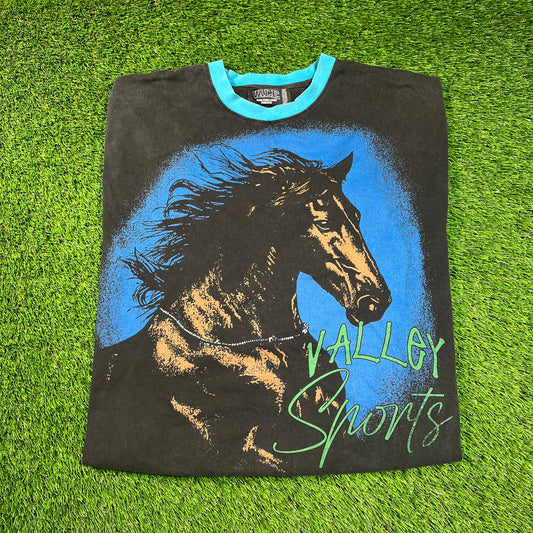 Vale Horse Blue Longsleeve Black Tee Size Medium USED x16300
