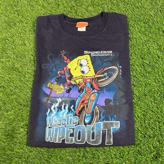 2002 Spongebob Squarepants Wheelie Navy Blue Tee Size Medium USED v16668