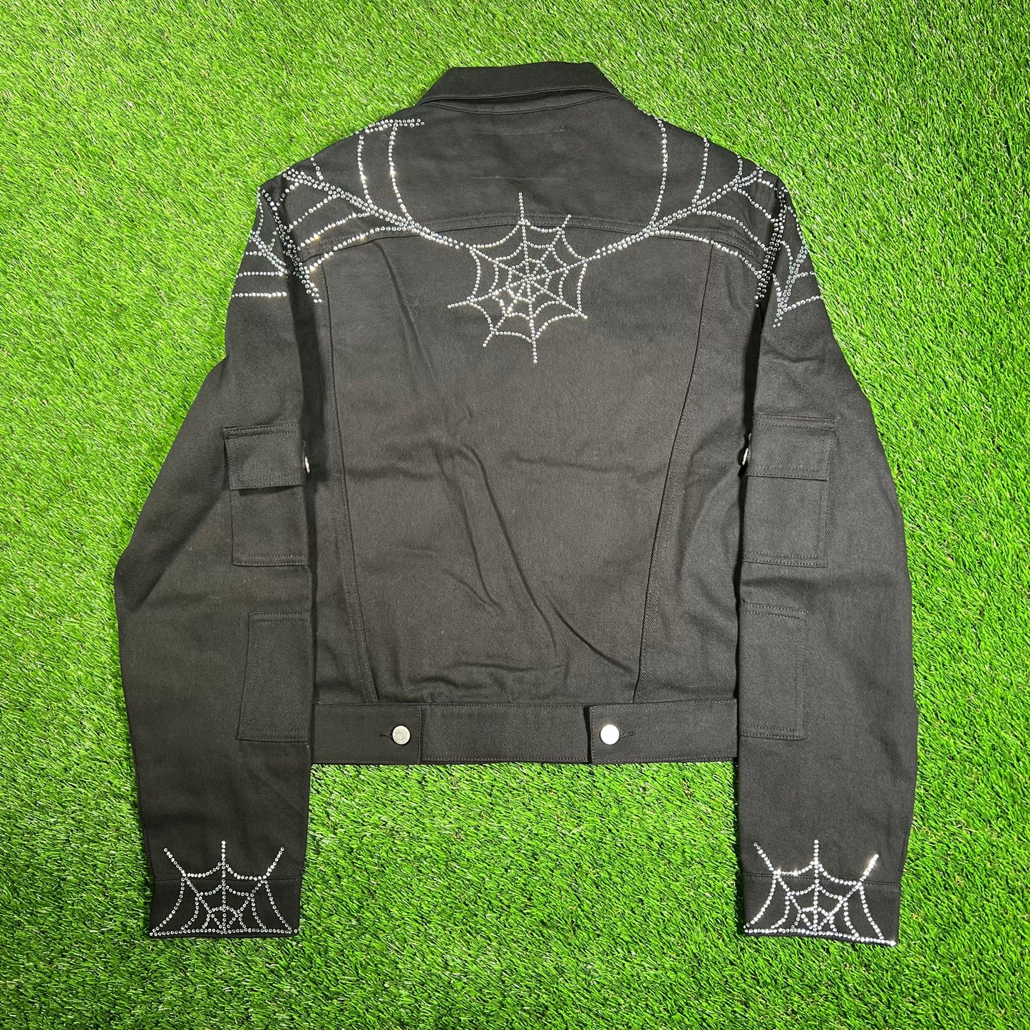 Sp5der Web Denim Cropped Trucker Black Jacket Size Medium NEW x12365