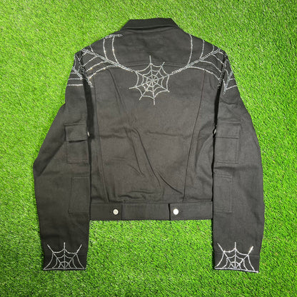 Sp5der Web Denim Cropped Trucker Black Jacket Size Medium NEW x12365
