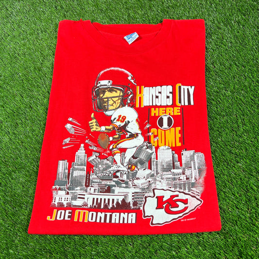 1993 Joe Montana Chiefs Here I Come Salem Tag Red Tee Size XL USED v16754