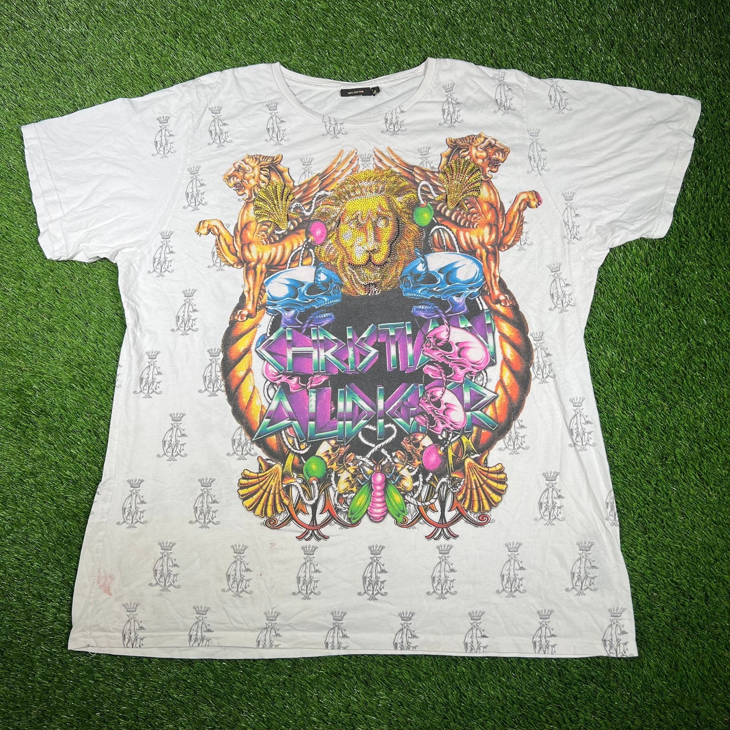 Y2K Christian Audigier Golden Lion White Tee Size 4XL USED v17433