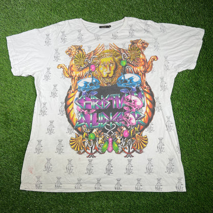 Y2K Christian Audigier Golden Lion White Tee Size 4XL USED v17433