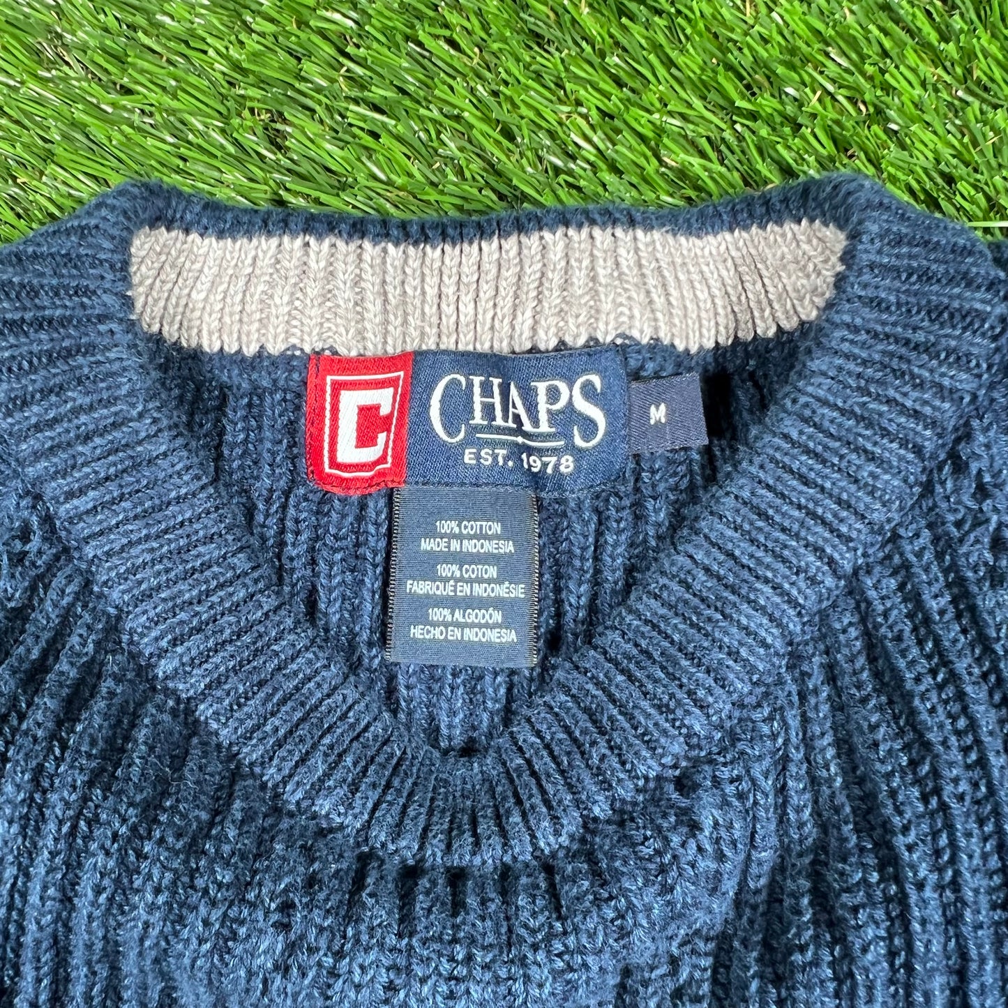 Chaps Small Logo Plain Navy Knit Crewneck Size Medium USED v16806